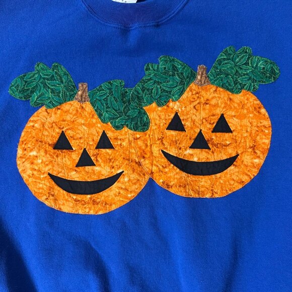 Vintage Halloween Pumpkin Sweatshirt Pullover Fall Jack O Lantern Blue 1990s Med - Picture 4 of 8